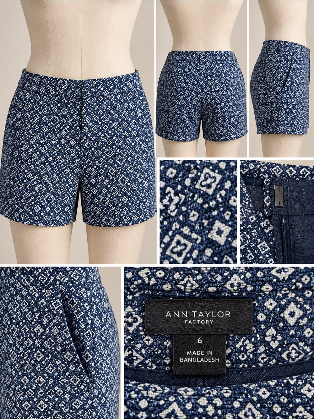 Ann Taylor Navy Blue Printed Cotton Blend Shorts